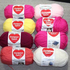 8 Skeins Red Heart Designer Sport Pink White Maroon Yellow 100% Acrylic 279yd ea